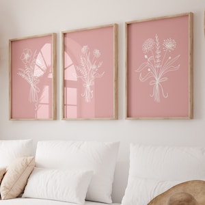 Botanical Wall Decor Set Of 3, Flowers Wall Art, Pink Botanical Art, Home Decor, Plant Wall Art, Flower Wall Print, Pink Wall Art, Line Art,