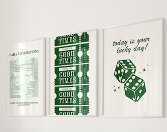Grün Lucky Day Print 3er-Set, Good Times Poster, tägliche Affirmationen Wandkunst, Lucky You Wandkunst, lustige Kunst, digital, trendige Wandkunst