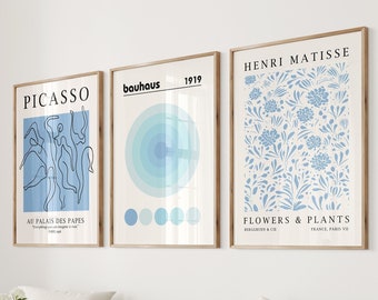 Blue Gallery Wall Art Set Of 3, Flower Market Print Set, Gallery Wall Prints, Matisse Poster, Matisse Poster Set, Bauhaus Print
