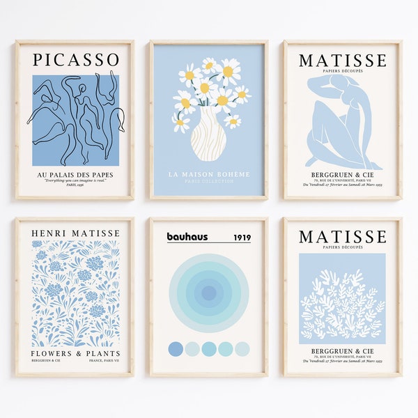 Lot de 6 oeuvres d'art murales bleues, marché aux fleurs, gravures murales de galerie, affiche Matisse, marché aux fleurs, gravure Henri Matisse, Bauhaus