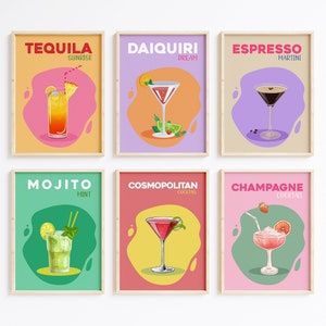 Conjunto de 6 impresiones de alcohol, impresión de cócteles coloridos, carteles de cócteles retro, conjunto de pared de la galería de carritos de bar, letrero de cócteles, arte de bebidas imprimibles