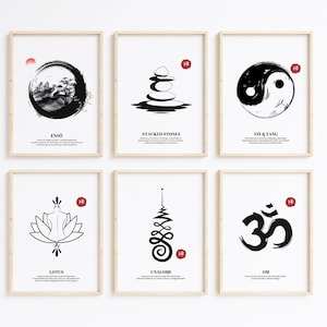 Zen Wall Art Set of 6, Zen Symbols & Meaning, Meditation Art Decor, Mindful art poster, Spiritual Abstract Design, Enso, Unalome, Ying Yang