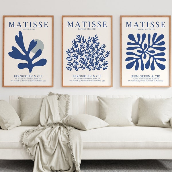 Blue Matisse Print, Set of 3 prints, Blue Boho Prints, Matisse exhibition poster, Blue Wall Art, Matisse Poster, Neutral Prints, Blue Prints