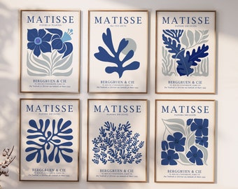 Navy Blue Matisse Print Set of 6, Blue Boho Print, Matisse Poster Set, Navy Blue Wall Art, Trendy Blue Print, Blue Gallery Wall Set