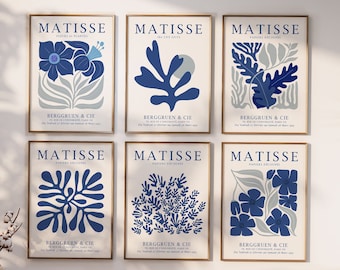 Navy Blue Matisse Print Set of 6, Blue Boho Print, Matisse Poster Set, Navy Blue Wall Art, Trendy Blue Print, Blue Gallery Wall Set