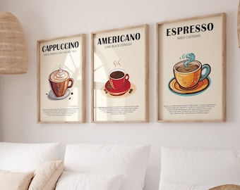 Kaffee Poster Set von 3, Espresso Druck, Cappuccino Art, Americano Poster, Cafe Dekor, Küchenwandset, Digitaldruck, Vintage Coffee Art