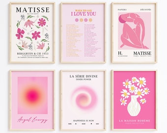 Pink Mattise Print Set of 3, Angel Energy Wall Art, Body Mind Soul Printable Wall Poster, Ways to Say I Love You Poster, Pink Flower Print