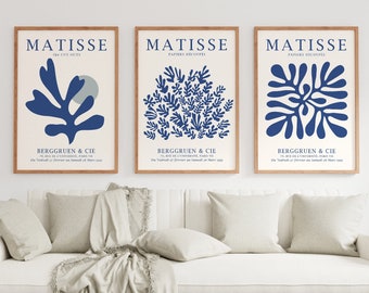 Blue Matisse Print, Set van 3 prints, Blue Boho Prints, Matisse tentoonstelling poster, Blue Wall Art, Matisse Poster, Neutrale Prints, Blue Prints