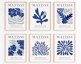 Set van 6 marineblauwe Matisse-print, Matisse-posterset, marineblauwe muurkunst, trendy blauwe print, blauwe galerijmuurset, blauwe Boho-print