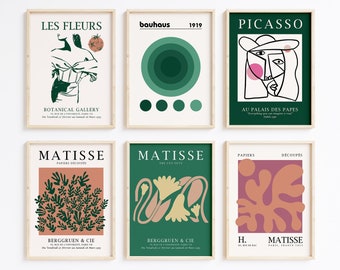 Green Matisse Print Set of 6, Exhibition Poster Set, Gallery Wall Art, Picasso Print, Gallery Mix Set, Modern Print, Bauhaus Printable Set