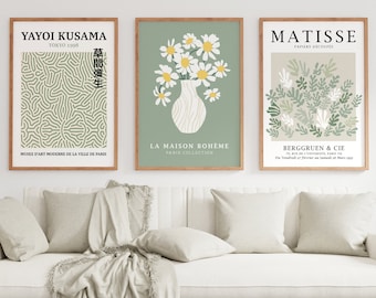 Sage Green Wall Art Set of 3, Matisse Print, Yayoi Kusama Poster, Green Wall Art Poster Prints, Matisse Botanical Prints Sage Green