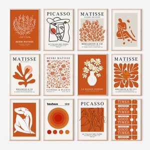 12er Set Gebrannte Orange, Orange Botanische Drucke, Boho Wandkunst, Orange Poster Set, Matisse Print Set, Picasso Wandkunst, Galeriewand