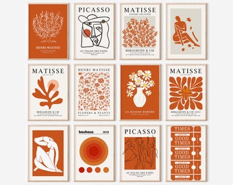 Set of 12 Burnt Orange Wall Art, Orange Botanical Prints, Boho Wall Art, Orange Print Set, Matisse Print Set, Picasso Wall Art, Gallery Wall