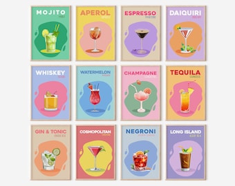 12 Klassische Cocktail Retro Plakate, Barwagen Drucke, Alkohol Drucke, minimalistische Wandkunst, digitaler Download, DRUCKBARE Galerie-Wand-Set