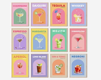 Set of 12 Alcohol Prints, Retro Cocktail Poster, Bar Cart Print, Happy Hour Wall Art, Colorful Gallery Wall Set, Aperol Spritz, Drinks Decor