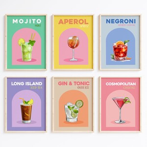 Set van 12 alcoholprints, retro cocktailposter, barkarprint, happy hour kunst aan de muur, kleurrijke galerijmuurset, Aperol Spritz, drankdecor afbeelding 3