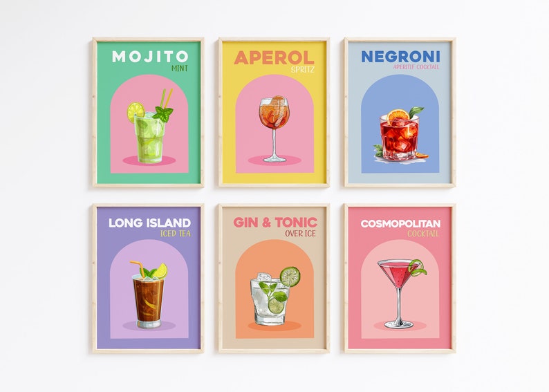 Set van 12 alcoholprints, retro cocktailposter, barkarprint, happy hour kunst aan de muur, kleurrijke galerijmuurset, Aperol Spritz, drankdecor afbeelding 3