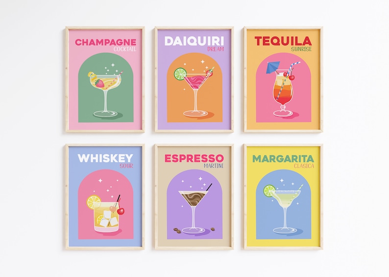 Set van 12 alcoholprints, retro cocktailposter, barkarprint, happy hour kunst aan de muur, kleurrijke galerijmuurset, Aperol Spritz, drankdecor afbeelding 2