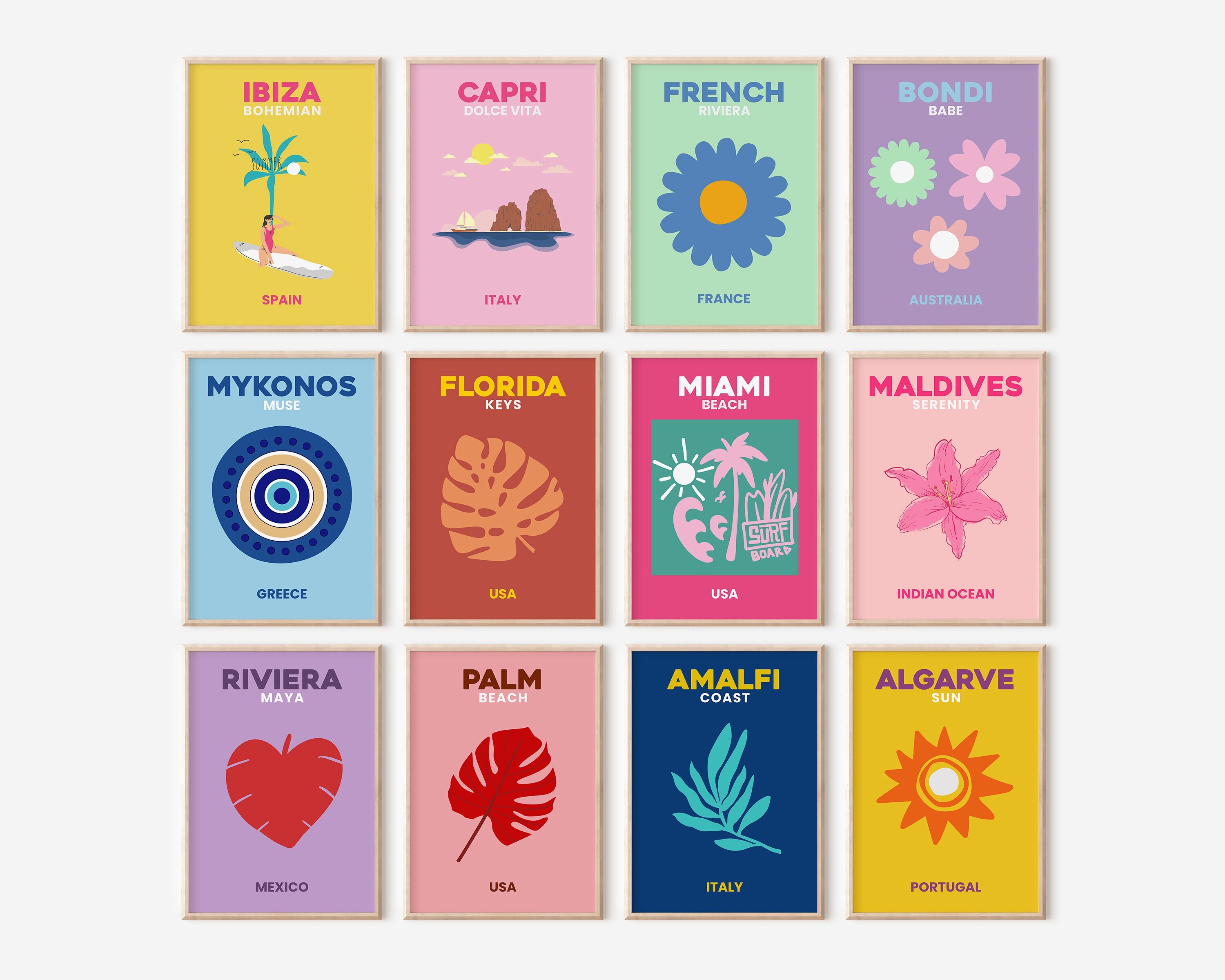 Set of 12 Travel Poster, Ibiza Bohemia Print, Retro Summer Travel Print, Trendy Dorm Room Prints - Ibiza Bondi Miami Mykonos Beach Wall Art