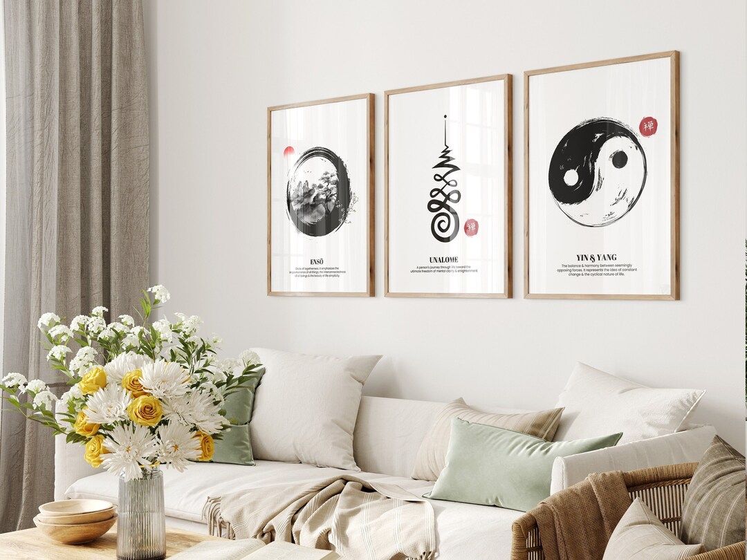 Zen Wall Art Set of 3, Enso Zen Poster, Unalome Print, Yin Yang Wall