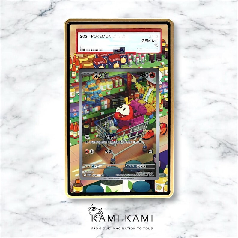 May include: A graded Pok&eacute;mon card with a vibrant illustration of a red creature in a shopping cart. The card is in a gold frame, with a grade of 10. The background is white marble. The card's text includes the word 'Pokemon'.