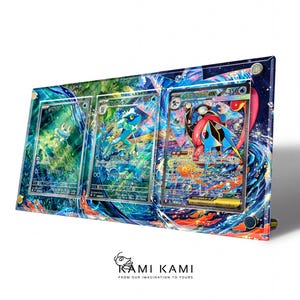 A colorful and vibrant display of three Pokémon cards, each with unique designs and illustrations, arranged in a rectangular frame.