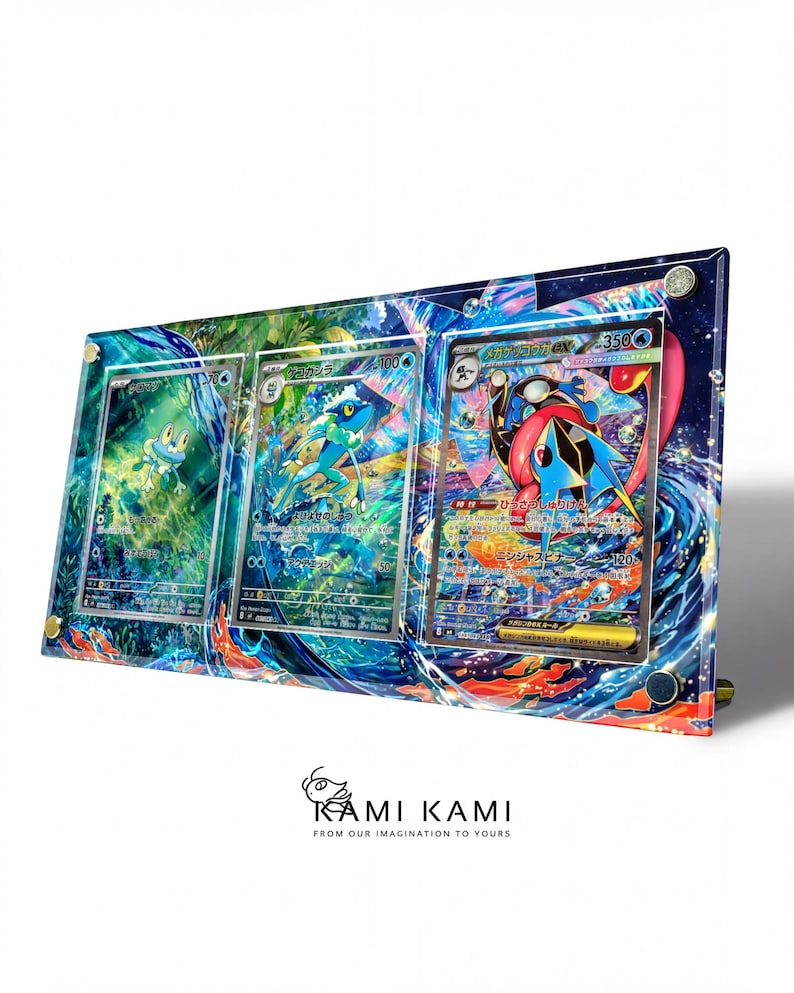 A colorful and vibrant display of three Pokémon cards, each with unique designs and illustrations, arranged in a rectangular frame.