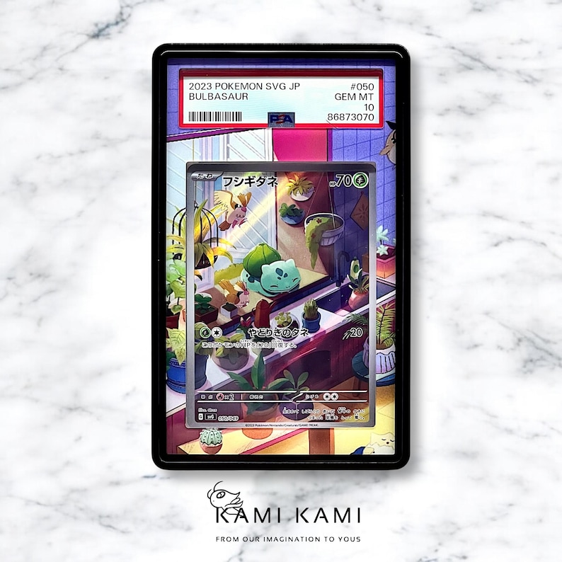 May include: A graded Pokemon trading card featuring Bulbasaur, the Grass-type Pokemon. The card is in a protective case with a Gem Mint 10 rating. The card art depicts Bulbasaur in a room with plants and a window.