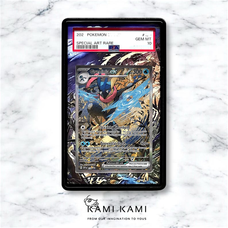 May include: A graded Pokemon trading card featuring Greninja EX, a water-type Pokemon with blue and red colors. The card is in a protective case with a Gem Mint 10 rating. The card has a special art rare designation.