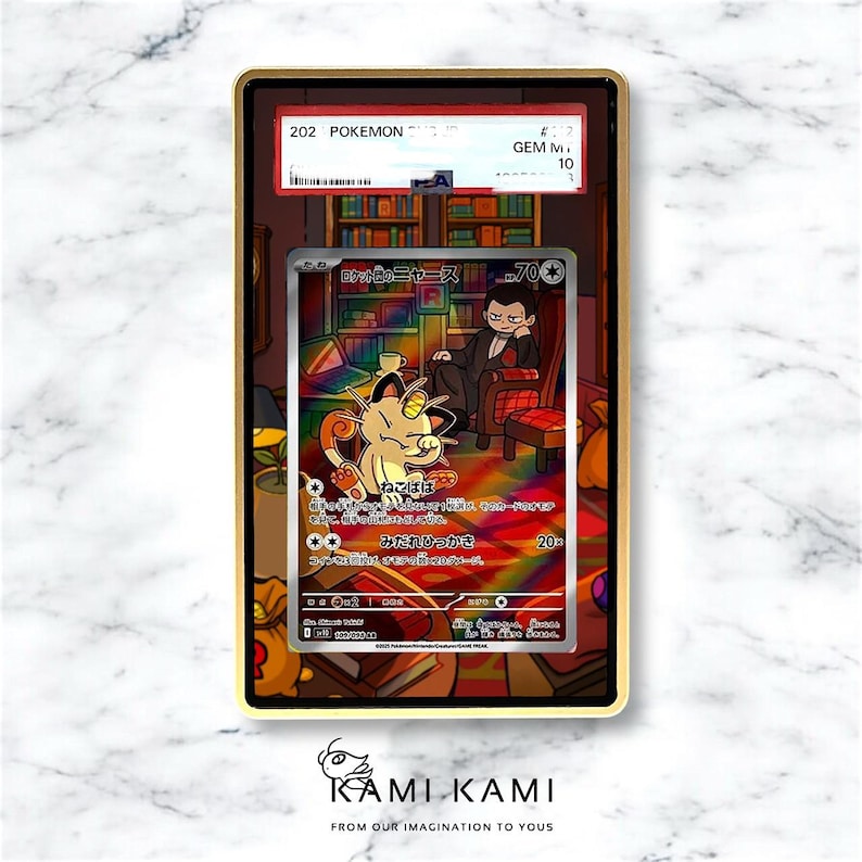 May include: A graded Pok&eacute;mon card featuring a Meowth illustration with Japanese text, encased in a gold-colored frame. The card is graded as a GEM M 10. The background shows a library scene.