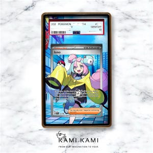May include: A Pokemon trading card featuring a character named Iono. The card is a supporter card and has a blue, pink, and yellow color scheme. The card is graded GEM MT 10.