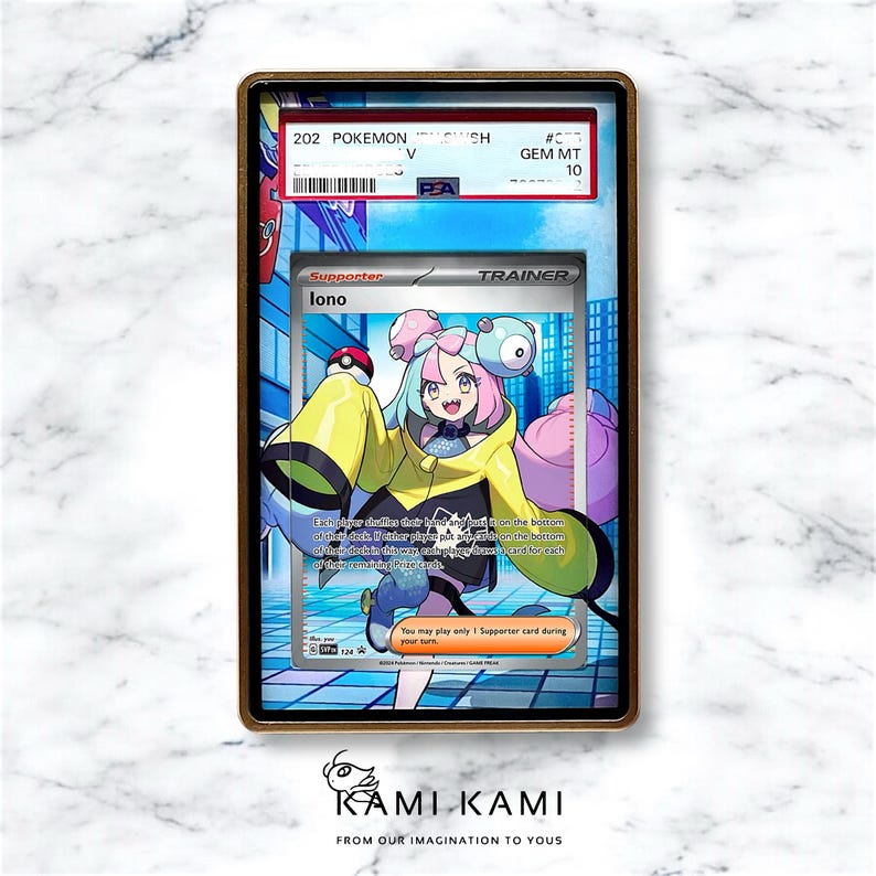 May include: A Pokemon trading card featuring a character named Iono. The card is a supporter card and has a blue, pink, and yellow color scheme. The card is graded GEM MT 10.