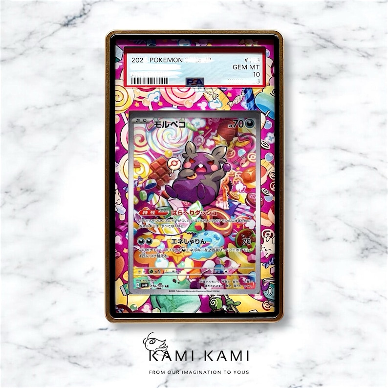 May include: A Pokemon trading card featuring a purple and black Morpeko with a candy-themed background. The card is graded GEM MT 10 by PSA.