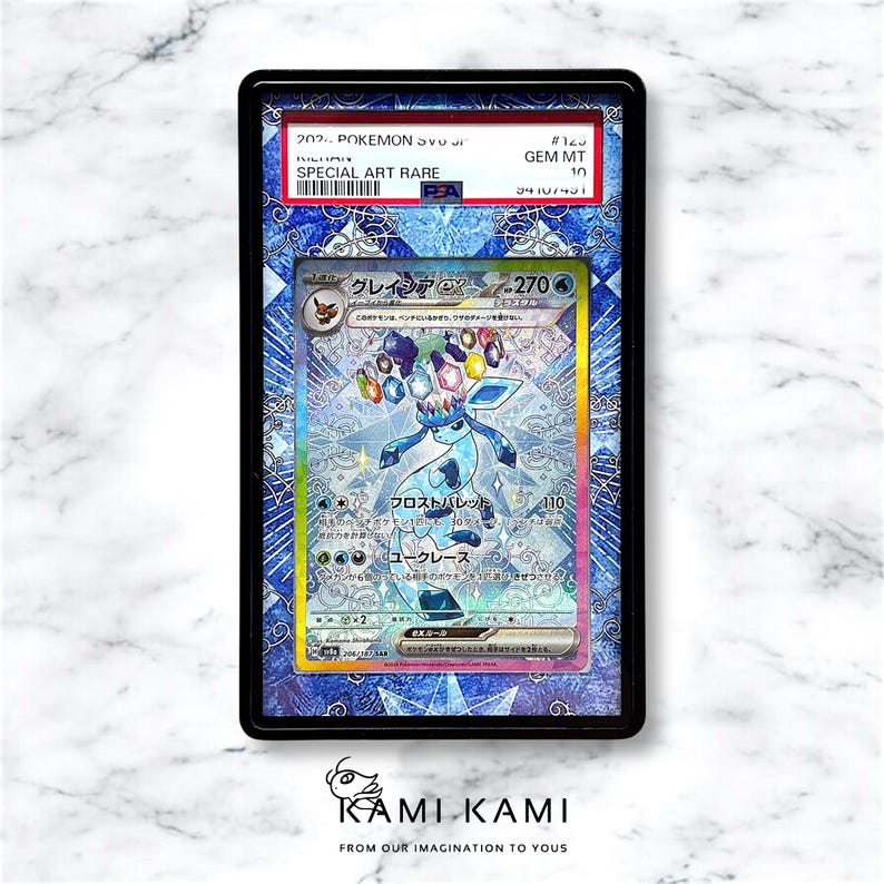 May include: A graded Pokemon trading card featuring a blue and white ice-type Pokemon,  "Glaceon", with a rainbow background. The card is graded GEM MT 10 and is a Special Art Rare card.