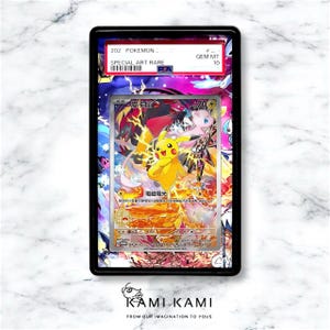 May include: A Pokemon trading card featuring Pikachu, Mew, and other characters, encased in a black holder. The card is labeled "Special Art Rare" and graded as GEM MT 10. The card has Japanese text and vibrant colors.