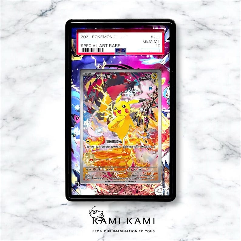 May include: A Pokemon trading card featuring Pikachu, Mew, and other characters, encased in a black holder. The card is labeled "Special Art Rare" and graded as GEM MT 10. The card has Japanese text and vibrant colors.