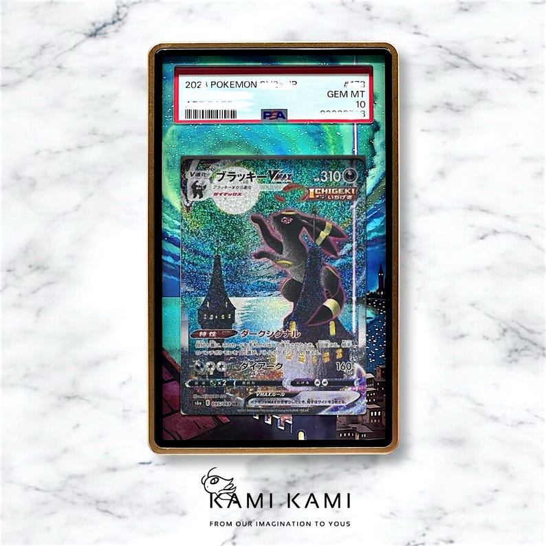 May include: A graded Pokemon trading card featuring a black and purple  "Braixen VMAX" card with a holographic finish. The card is encased in a protective plastic case with a Gem Mint 10 rating.