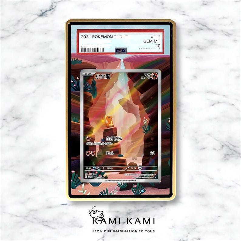May include: A framed Pok&eacute;mon trading card featuring a colorful illustration of a Charmander in a cave setting. The card is graded and encased in a gold-colored frame. The text "202 Pok&eacute;mon" is visible.