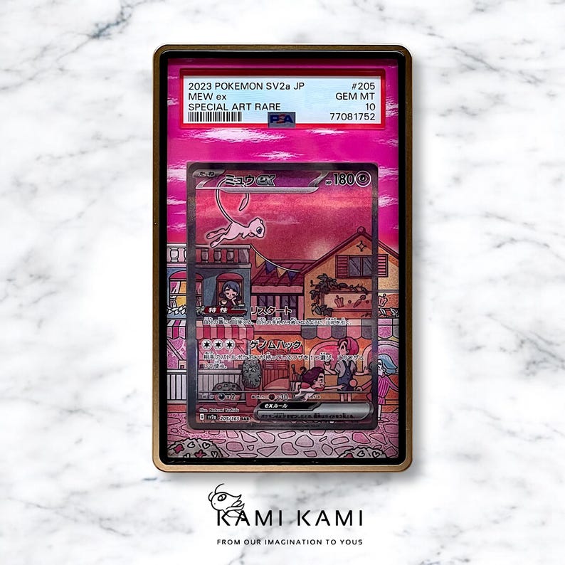 May include: A graded Pokemon trading card featuring Mew ex, a pink and white Pokemon with large ears, in a special art rare version. The card is set against a pink and white background with a cityscape and a group of people. The card is graded GEM MT 10 by PSA.