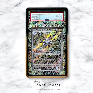 May include: A graded Pokemon trading card featuring a Magneton card from the Sword and Shield set. The card is in Gem Mint condition and has a 10 rating. The card is encased in a protective case with a black and gold border.
