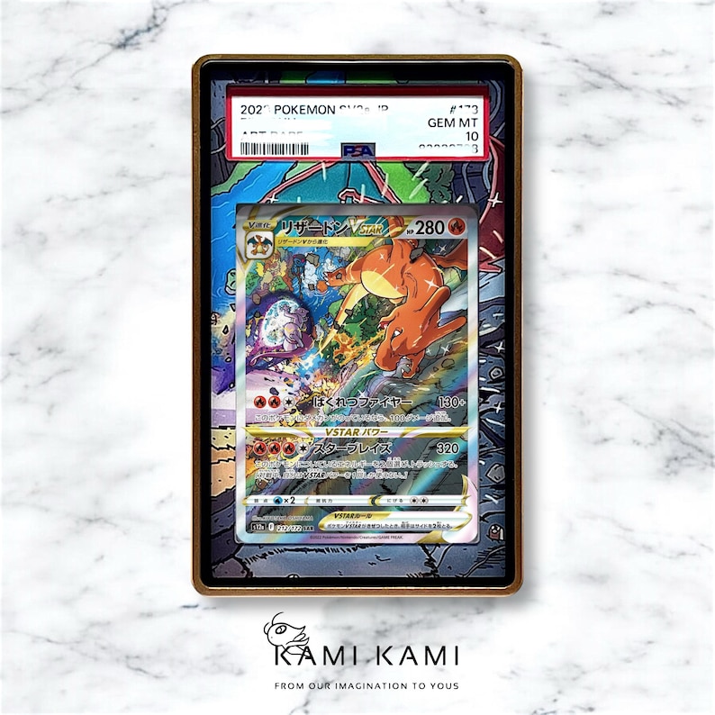 May include: A graded Pokemon trading card featuring a holographic image of Charizard, a fire-type Pokemon, in a battle pose. The card is encased in a protective plastic sleeve and has a Gem Mint 10 rating.