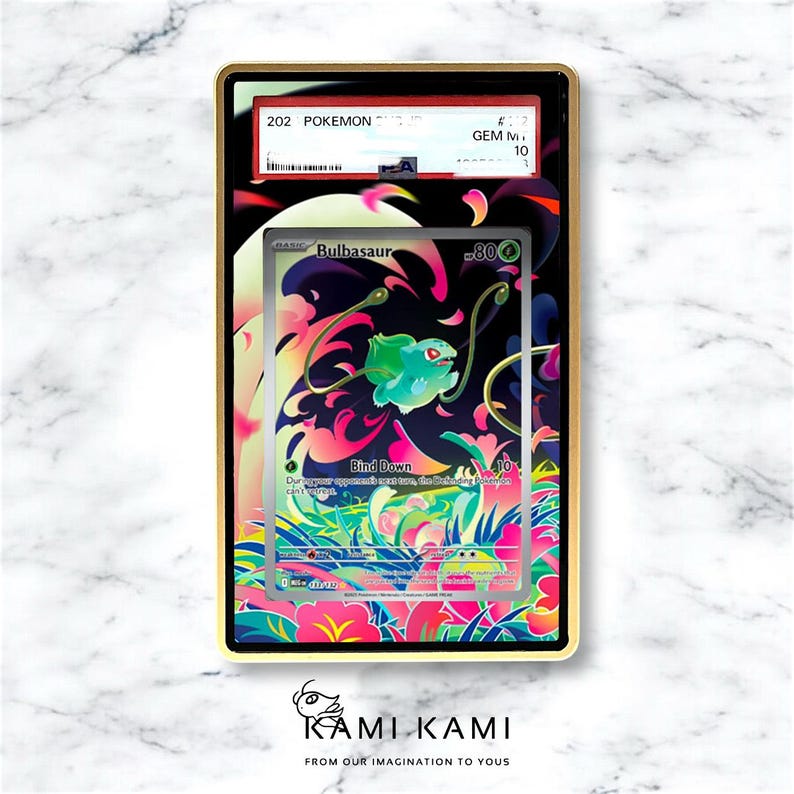 May include: A graded Pok&eacute;mon card featuring Bulbasaur, with a green and pink floral background. The card is encased in a gold-edged holder, with the text "Bulbasaur" and "Bind Down" visible. The card is graded as GEM M 10.