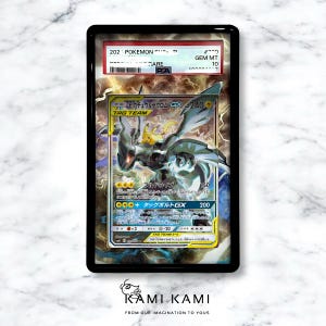 May include: A Pok&eacute;mon trading card featuring Pikachu and Zekrom GX, encased in a black protective holder. The card displays vibrant colours and Japanese text, with a PSA 10 grade. The card is from the Tag Team series.