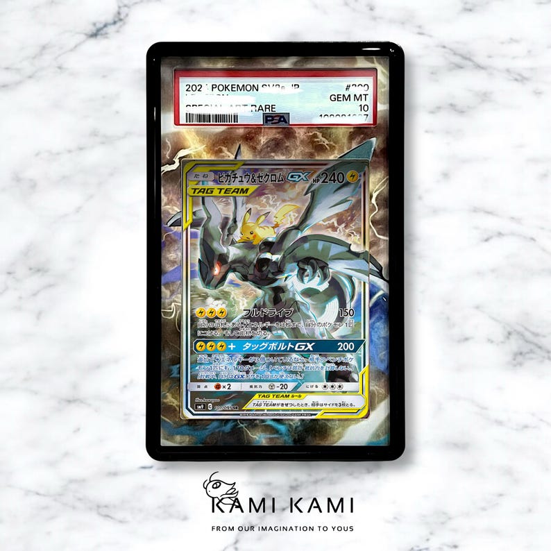 May include: A Pok&eacute;mon trading card featuring Pikachu and Zekrom GX, encased in a black protective holder. The card displays vibrant colours and Japanese text, with a PSA 10 grade. The card is from the Tag Team series.