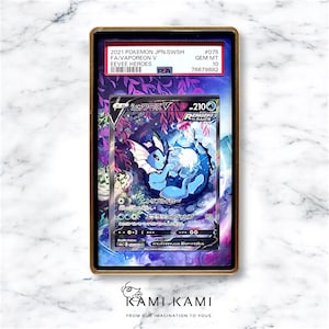 May include: A graded Pokemon trading card featuring Vaporeon V from the Eeveelution Heroes set. The card is in Japanese and features a blue and white Vaporeon with a purple and pink background. The card is graded GEM MT 10 by PSA.