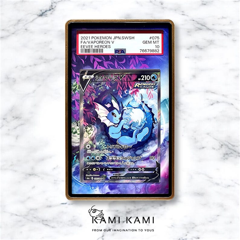 May include: A graded Pokemon trading card featuring Vaporeon V from the Eeveelution Heroes set. The card is in Japanese and features a blue and white Vaporeon with a purple and pink background. The card is graded GEM MT 10 by PSA.