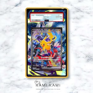 May include: A graded Pok&eacute;mon trading card featuring Pikachu and other characters. The card is encased in a gold-colored frame with the text "202 Pok&eacute;mon 3AT ex ARE PSA GEM MT 10". The card has Japanese text.