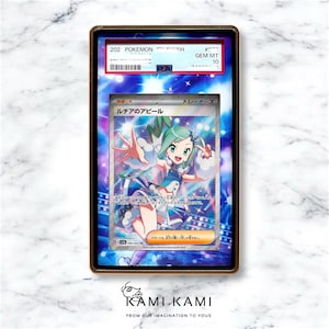 May include: A graded Pok&eacute;mon card with a vibrant illustration of a female anime character in blue and white attire. The card is in a gold-toned frame, with text including "202 POKEMON SSH" and "GEM MT 10". The card is from the "Lucha's Appeal" series.