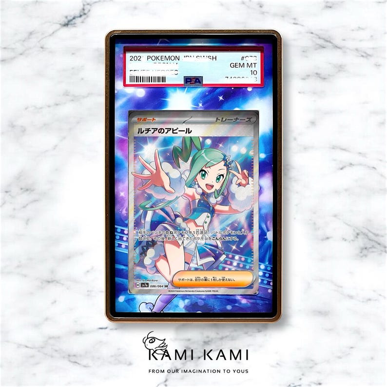May include: A graded Pok&eacute;mon card with a vibrant illustration of a female anime character in blue and white attire. The card is in a gold-toned frame, with text including "202 POKEMON SSH" and "GEM MT 10". The card is from the "Lucha's Appeal" series.
