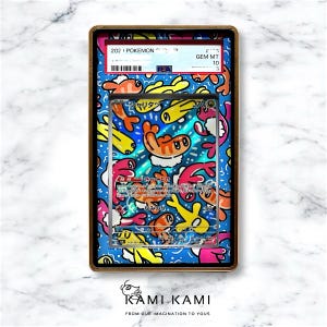 May include: A Pokemon trading card featuring a blue, yellow, and pink cartoon design with a holographic finish. The card is graded GEM MT 10 by PSA. The card is encased in a protective plastic case.